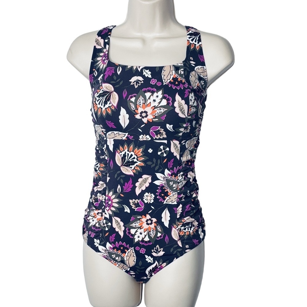 Lands’ End One Piece Swimsuit, Size 10, Plum Background Orange Avocado Burgundy